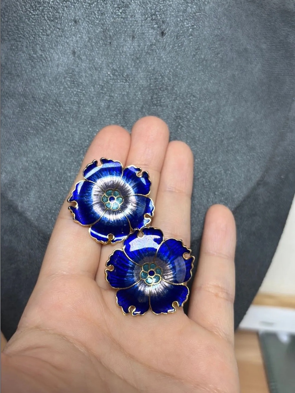 Enamel flower vibrant blue cloisonné clip on earrings